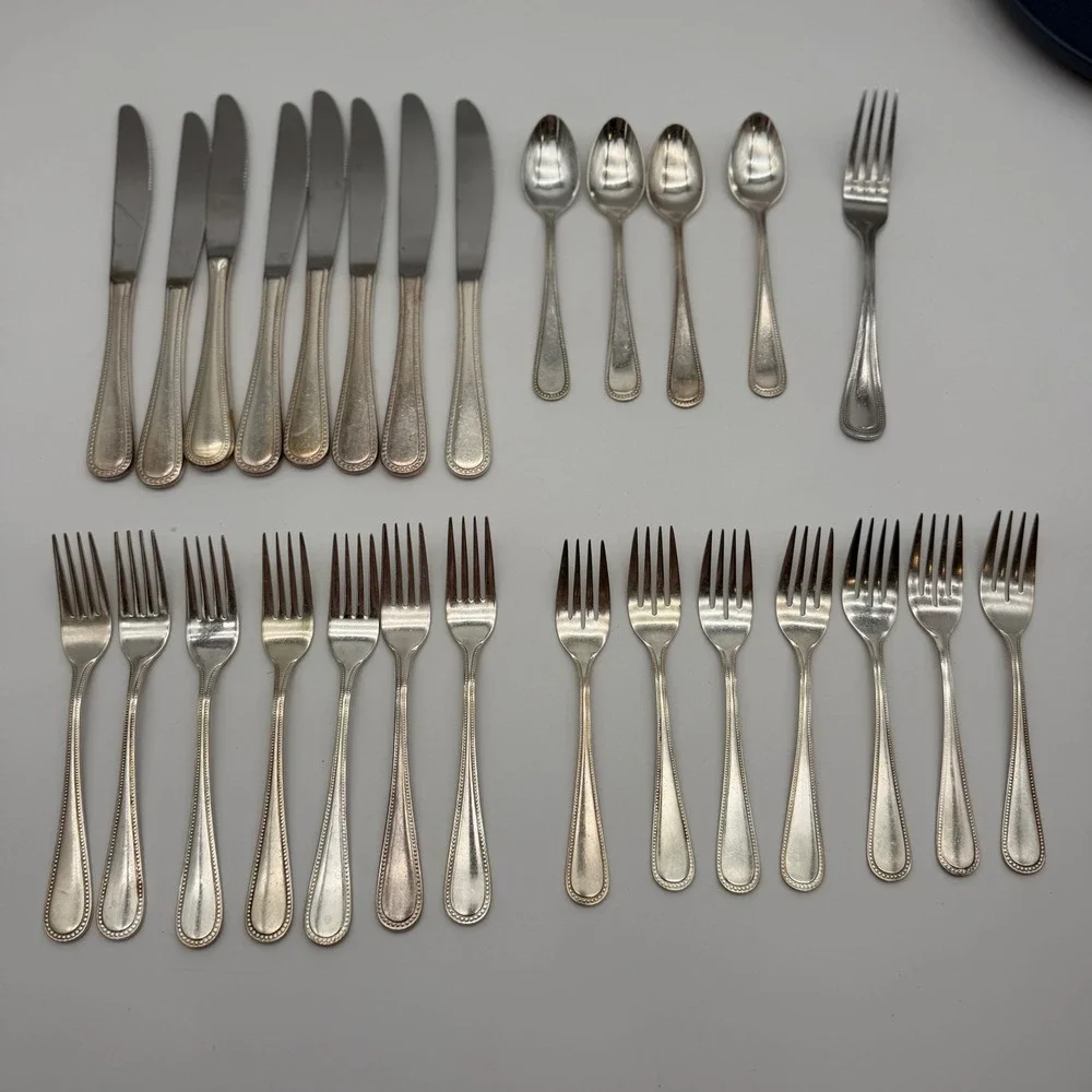 International Silver Stainless Flatware Set 27pc Beaded Pattern Korea Glossy